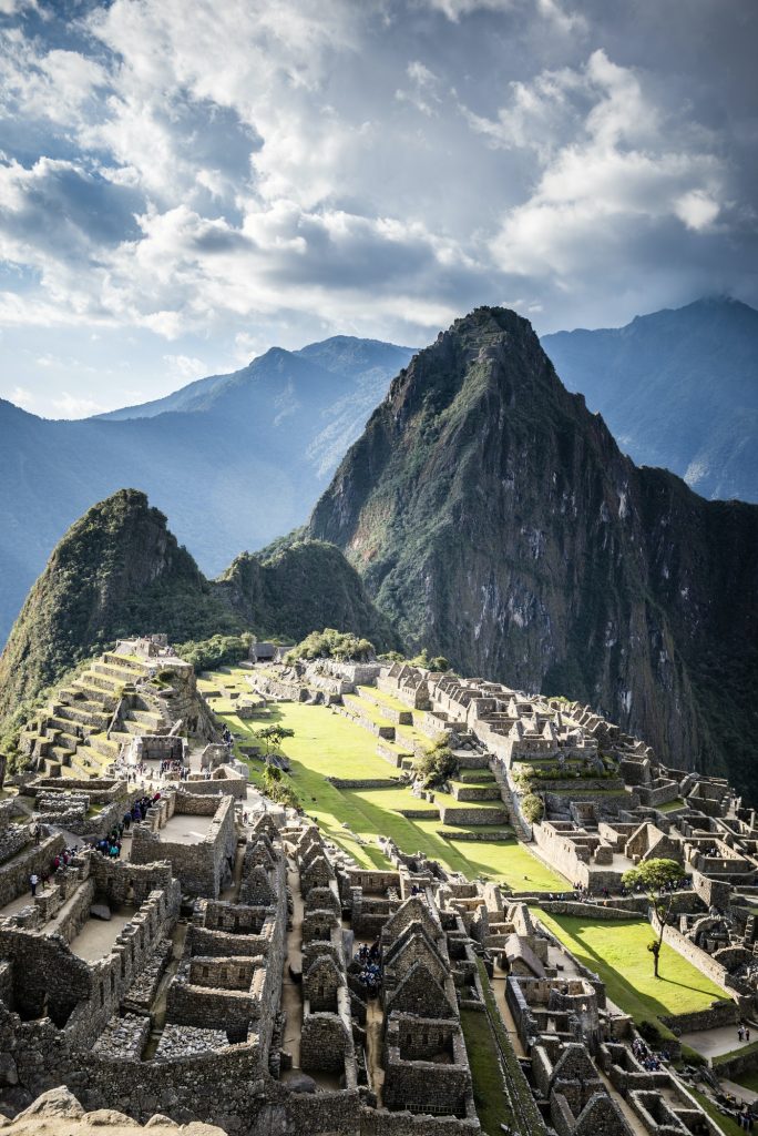Aerial view of Macchu Picchu ruins in remote landscape, Cusco, Peru