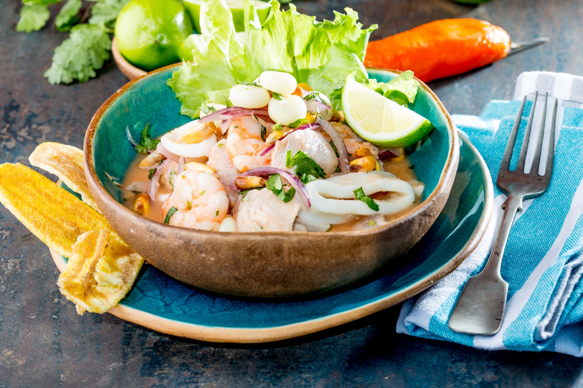 PERUVIAN CEVICHE SEBICHE. Peruvian seafood and fish ceviche with maize.