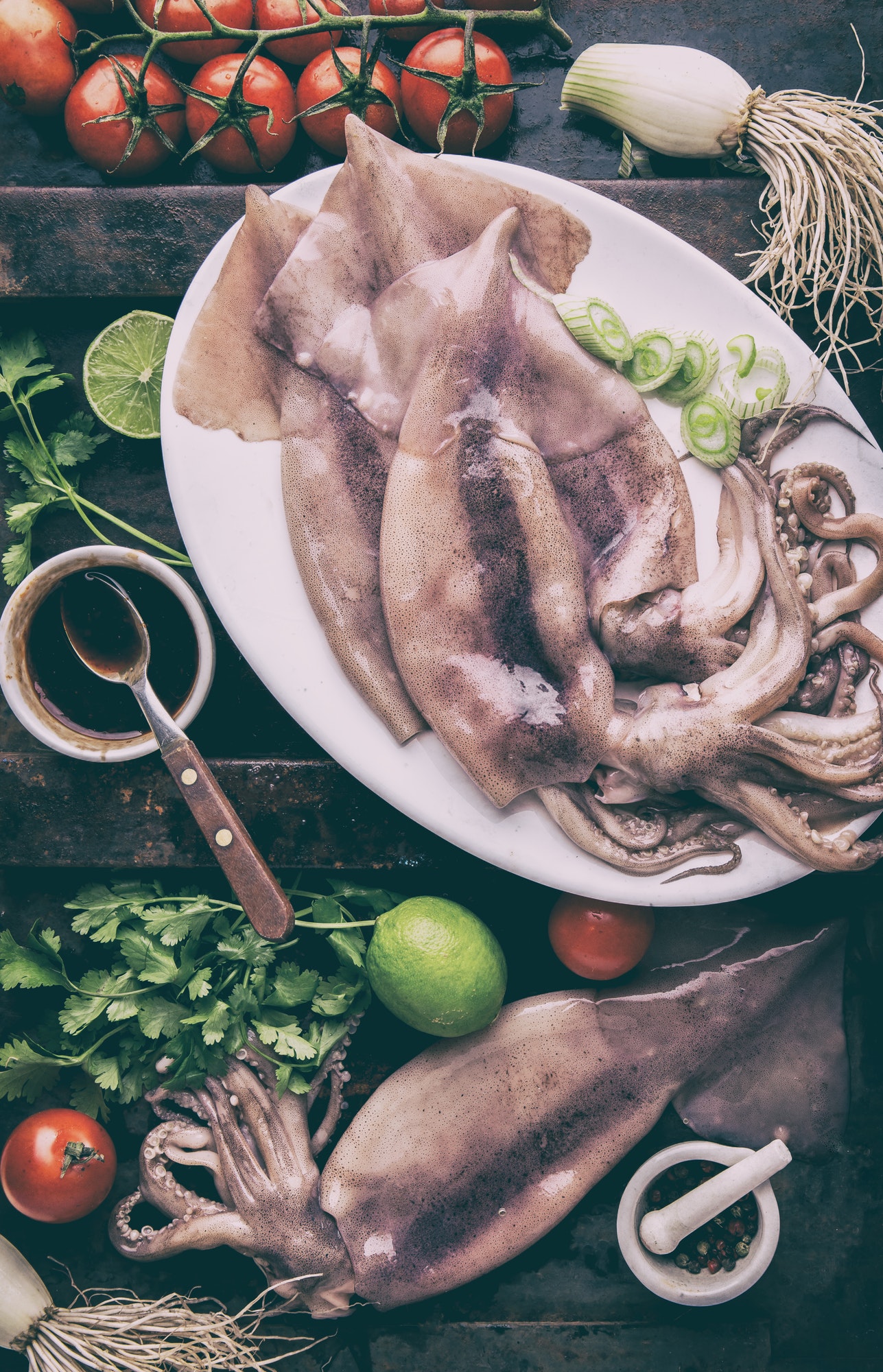 Raw squid calamary on white plate with ingredients for cooking korean BBQ squid. Top view