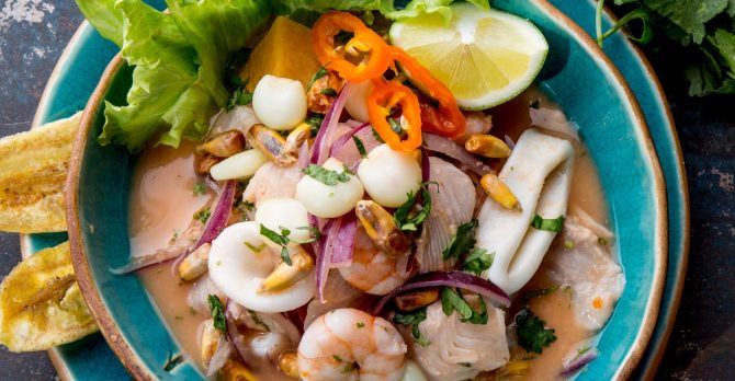 PERUVIAN CEVICHE SEBICHE. Peruvian seafood and fish ceviche with maize.